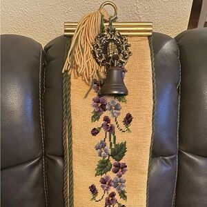 Vtg Handmade 75” Needlepoint Bell Pull Tapestry w/Brass Cast Iron Bell Mount